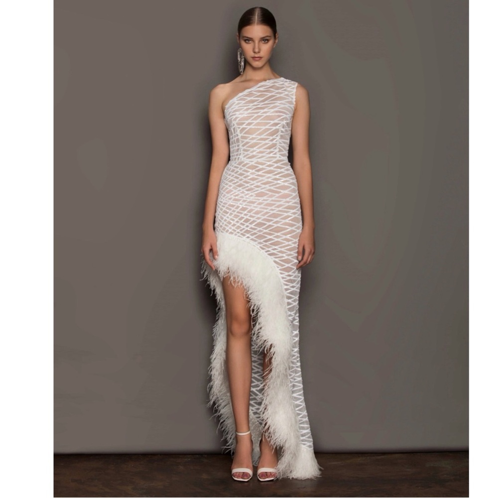 Bronx And Banco Lola Blanc Sheer Asymmetrical Feather Trim Gown
